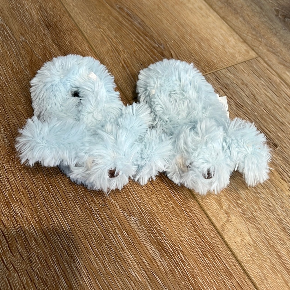 Fuzzy blue bunny baby slippers